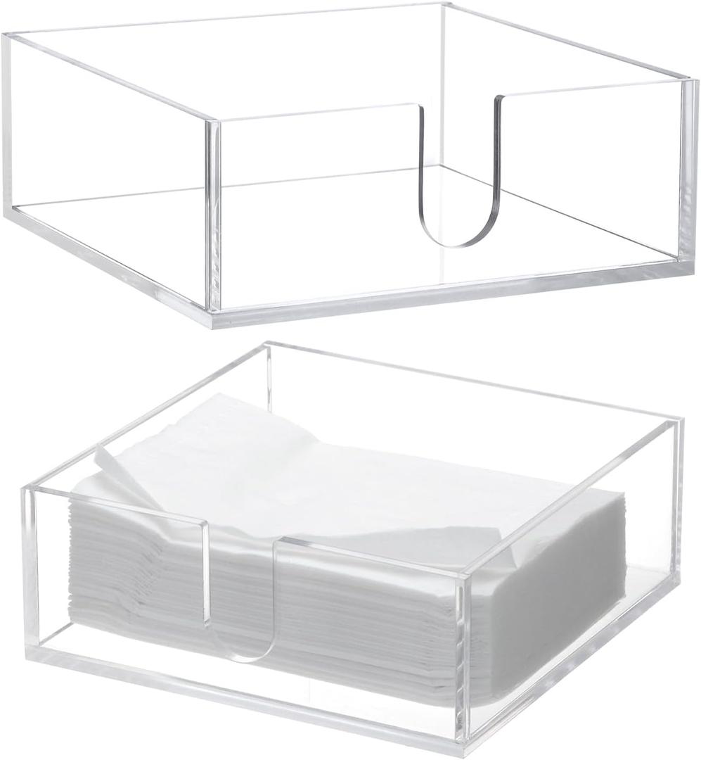 QWORK Clear Acrylic Napkin Holder, Durable 5 x 5" Beverage & Cocktail Napkin Dispenser with U-Shaped Cutout for Removal, Polished Sides, and Rounded Corners, 2 Pcs