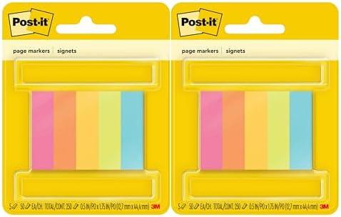 Post-it Page Markers, Assorted Fluorescent Colors, 1/2 in x 1-3/4 in, 500 Sheets, 10 Pads (670-5AF), Repositionable Writable Sticky Tabs for Books & Documents