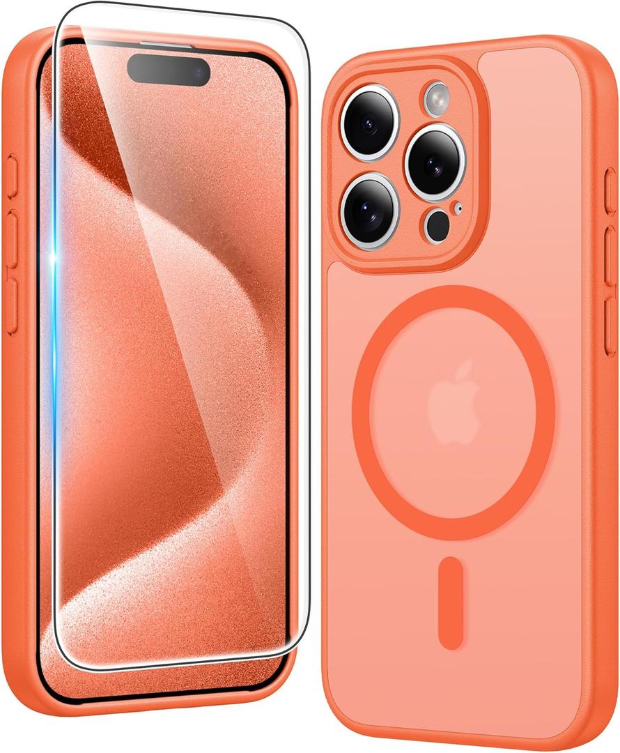 FNTCASE for iPhone 15 Pro Case: Matte Magnetic Phone Cases with Screen Protector Compatible with Magsafe Slim Anti Yellowing Rugged Shockproof Protective Translucent Cell Phone Cover (C-Orange)