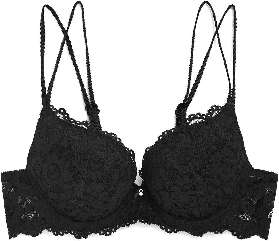 Women Lace Push Up Bras Add Two Cups Size Thick Padded Plunge Cleavage Underwire Bra (38C, Black)