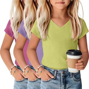 YooAurvox 3 Pack Girls Shirts Kids V Neck Short Sleeve Ribbed Knit Tunic Tops Slim Fit Casual Cute Basic Summer Solid Tee(Rose Red, Purple, Lime Green, 13-14 Years)