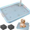 CUHIOY Dog Potty Tray Toilet 20"x14" - Indoor Pee Pad Holder with 8pcs Training Pads, Puppy Mesh Potty with Secure Latch for Small Medium Puppies - Blue
