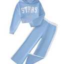 YOURUIKEY Girls' Clothing Set Crop Top Letter Hoodie Sweatpants Fall Winter Outfits Tween Girl Trendy Clothes Activewear 8-12  (Sky Blue, Size 11)