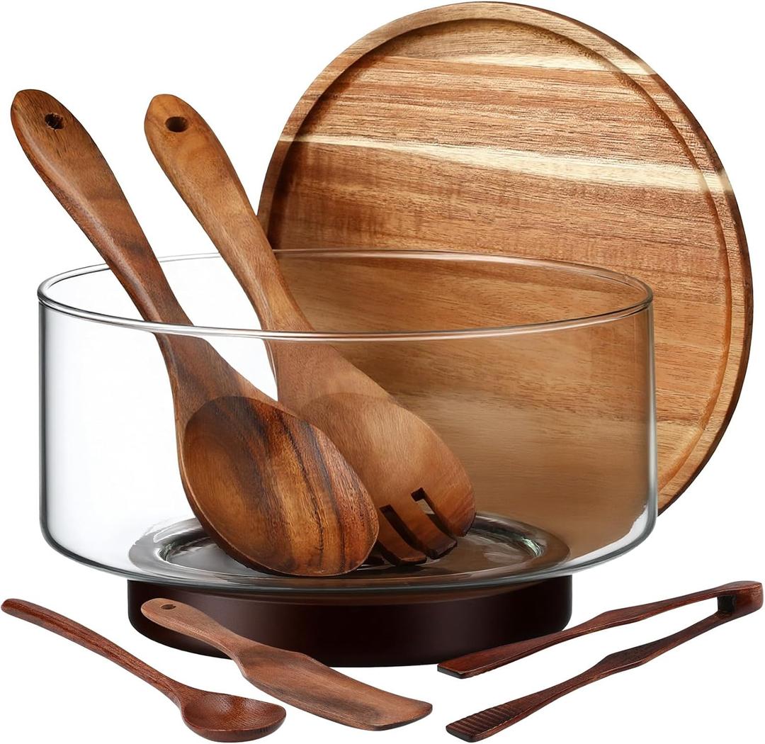 Large Glass Salad Bowl Set, Party Salad Bowl with Acacia Wood Base and Lid as Cheese Charcuterie Board and Plate, Comes with 5 Pieces Elegant Wood Serving Utensils