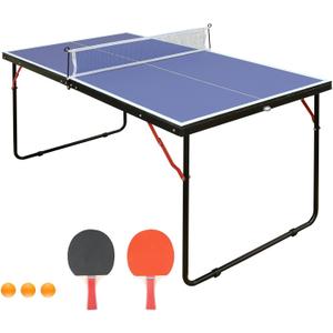 4.5ft Foldable Table Tennis Set, Portable Ping Pong Table with Net & 2 Paddles & Balls, Multi-Use Family Game Table Compact Design for All Ages, Blue