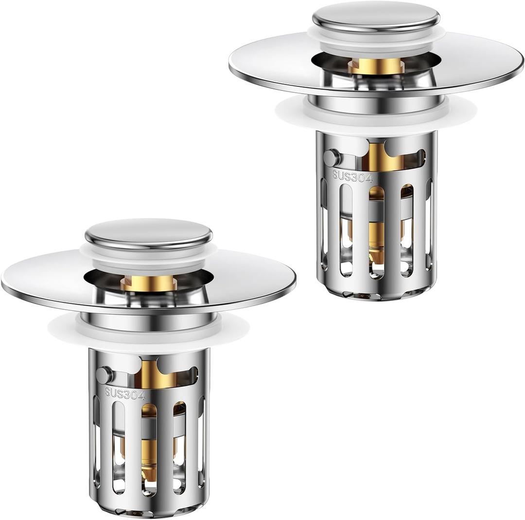 2PC Solid Metal Bathroom Sink Stopper-Brass Core & Stainless Steel Construction-Dual Function Bathroom Sink Drain Strainer-Universal Fit 99% Bathroom Drain-(1.1'' to 2.36'' inch) (Chrome)