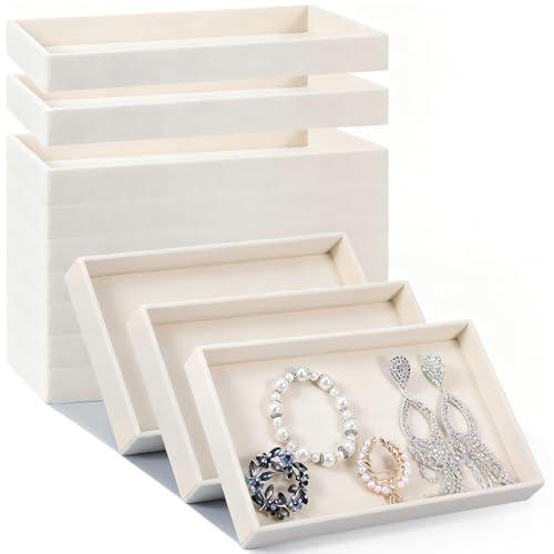 12 Pack Velvet Jewelry Trays, 9.4 x 5.4 x 1 Inches Premium Stackable Jewelry Drawers Organizer Inserts for Women Girls, Beige Jewelry Storage Display Trays for Necklace Earring Ring Bracelet (1 grid)