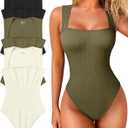 OQQ Women's 3 Piece Bodysuits Sexy Ribbed Strappy Square Neck Sleeveless Tummy Control Tank Tops Bodysuits, Medium