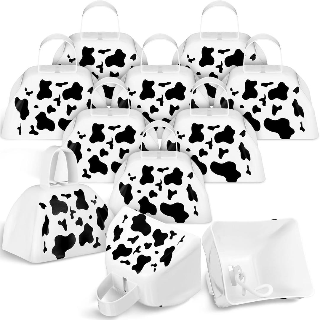 12 Pcs Metal Cow Print Cowbells with Handle Novelty Cow Bells Noise Makers Cow Print Party Favors for Birthday Farm Animal Theme Party Western Wedding Sporting Events Football Games, White/Black