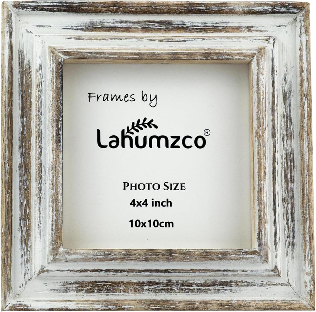 Lahumzco Rustic White Wash Wooden Photo Frame 4x4 Inch  Distressed Farmhouse Style Picture Frame for Tabletop & Wall  Shabby Chic Vintage Decor, Gift-Ready  Real Glass Front, Handcrafted Quality