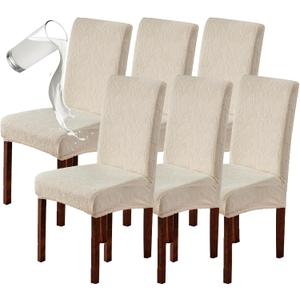 Genina 100% Waterproof Dining Room Chair Covers Set of 6 Stretch Kitchen Chair Covers Parsons Chair Slipcovers for Dining Room Chair Protector Cover, Removable, Washable (Leaf Pattern-Beige) (Regular-6 Pack)
