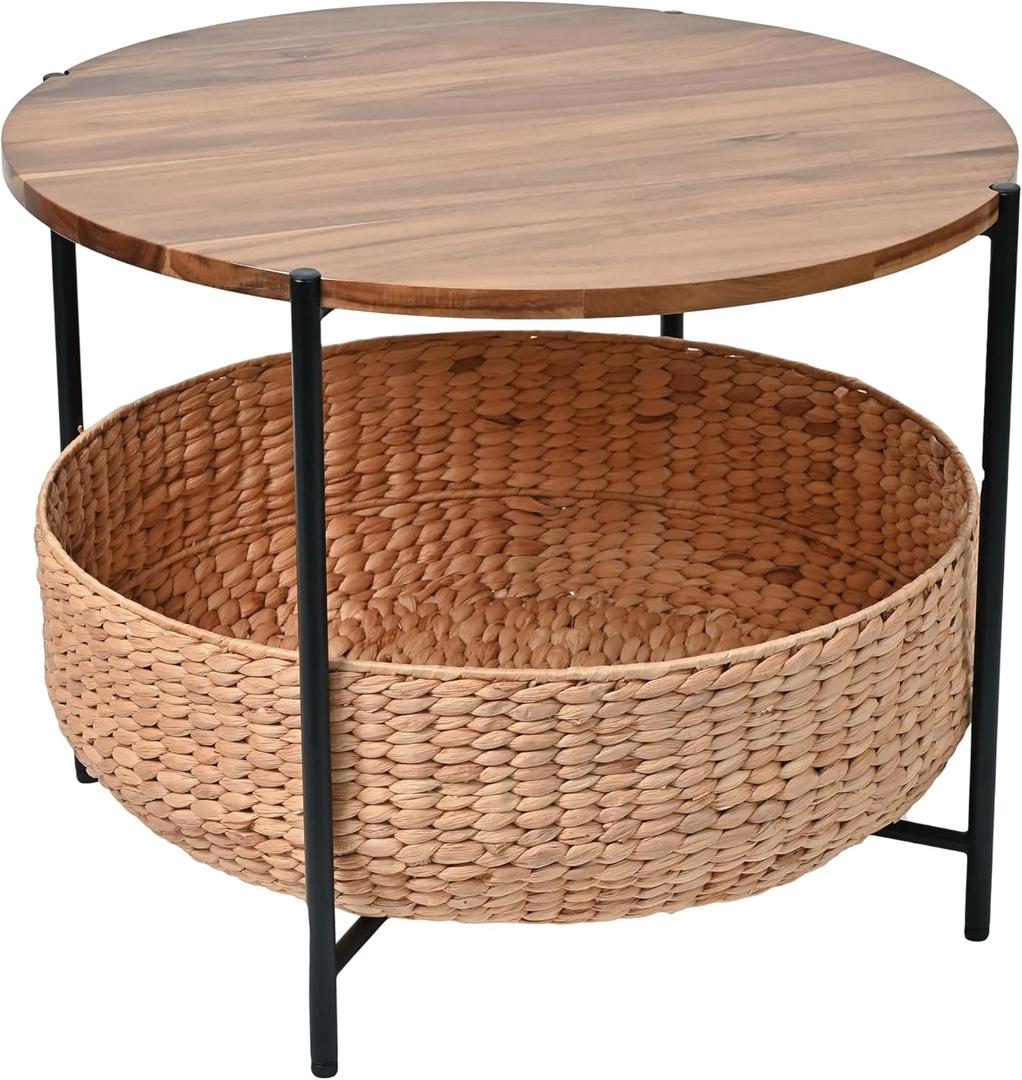 happimess SAT2000A Carly 24.21" Modern Coastal Round Acacia Wood/Water Hyacinth Coffee Table with Storage Basket, Table for Living Room and Bedroom, Natural/Black