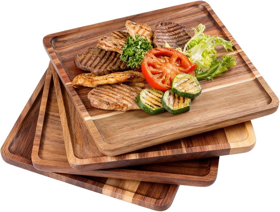 OMISTAR 4PCS Acacia Wooden Plates, 10 Square Wood Plate Set, Wooden Plates for Food, Wood Serving Trays Platter Charcuterie Board for Food Vegetable, Charcuterie, Appetizer