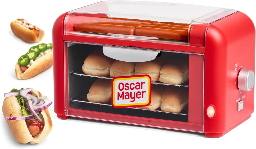 Nostalgia Oscar Mayer Extra Large 8 Hot Dog Roller & Bun Toaster Oven- Stainless Steel Grill Rollers for Cooking Veggie Sausages & Brats- Multi-Use Warming Oven with Adjustable Timer for Parties - Red, 13.5 X 8.1 X 7.6 Inches