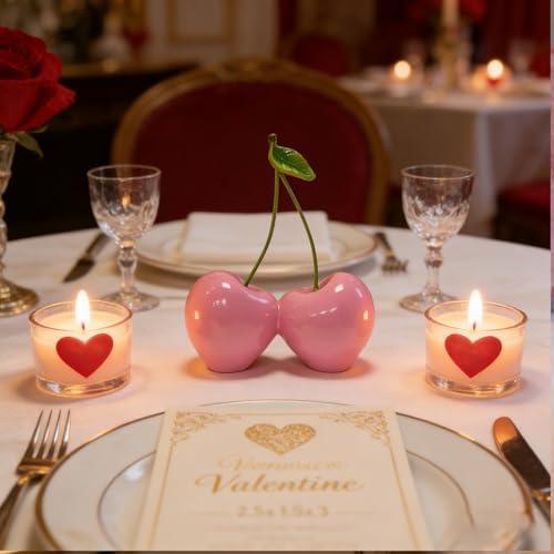 Cynkeyee Valentine Cherry Statue Figurine - 6 Inch Unique Resin Pink Cherry Sculpture for Aesthetic Room Decor Wedding Centerpiece Retro Bar Cart Romantic Gift for Wife Lovers Couples