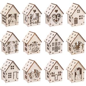 2 x sulanmo 1 Set Christmas Wooden DIY House Xmas Unfinished Wooden Village Mini House Landscape Decors for Xmas Party Tabletop Mantle Decor