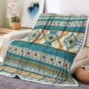 Aztec Throw Blanket, Native American Southwestern Navajo Tribal Style Warm Throw, Boho Western Decor Flannel Cozy Throw Blanket for Sofa Camping Couch Bed Travel 50×60 inch, Teal