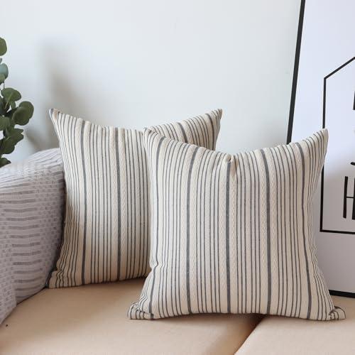 NAVIBULE Gray Pillow Covers Farmhouse Linen Throw Pillow Covers Striped Outdoor Decorative Square Throw Pillows for Couch Sofa Bed 18x18 in Pack of 2 Gray and Cream