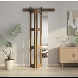 JUBEST Bifold Glass Barn Door, 24Inch Bi Fold Sliding Barn Door Kit with Hardware Include, 3-Panel Glass Barn Door Slab, Solid Wood Barn Door with MDF & Water-Proof PVC Surface, Brown