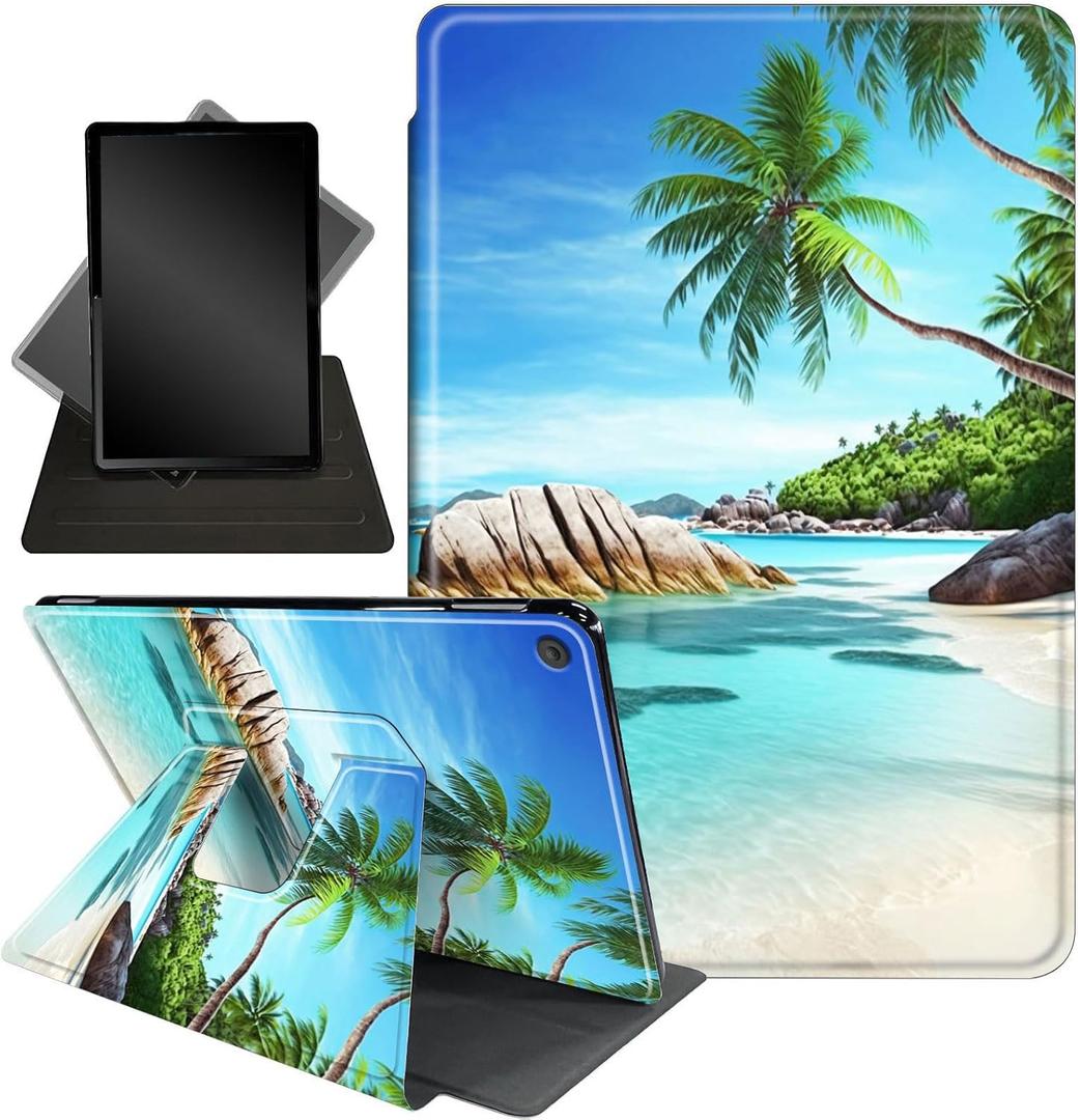 for Amazon Fire HD 10 Tablet (2017 and 2019 Releases,with 7th and 9th Generations) Case,360 Degree Rotating Stand Smart Protective Cover Case,for New Fire HD 10 10.1 inch,Beach Palm Trees