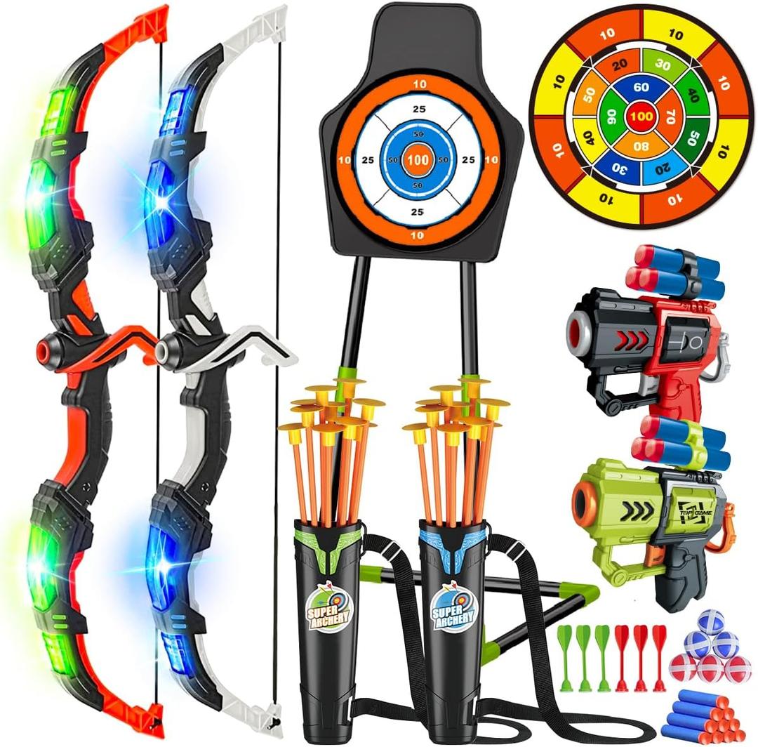 VATOS Pack of 2 Bow and Arrow Toy for 5 6 7 8 9 10 11 Year Old Boys Girls, Light Up Archery Toy with Cup Suction Standing Target & 29 in Dart Board, Indoor Outdoor Activity Toys Birthday