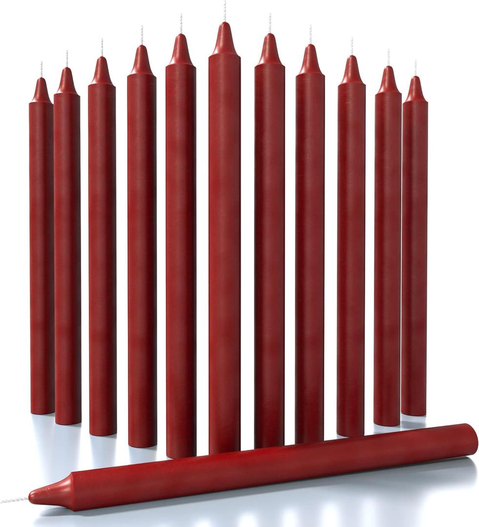 CANDWAX Bordeaux Taper Candles Pack of 12 - Slow Burning Dripless Unscented Straight Candles 10 inch - Ideal for Dinner Table - Smokeless Long Candlesticks
