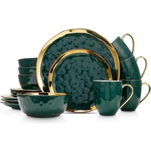 Stone Lain Florian Modern Porcelain 16 Piece Dinnerware Set, Plates and Bowls Set, Dish set for 4, Green and Golden Rim