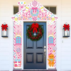 3 Pcs Pink Candy Christmas Door Decorations Gingerbread House Front Door Cover Banner Porch Sign Xmas Hanging Decoration Party Supplies for Holiday Winter Classroom Home Office Ornament