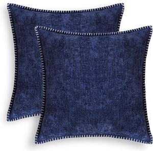 CaliTime Throw Pillow Covers Decorative 22 X 22 Inches Pack of 2 Cotton Thread Stitching Edges Solid Dyed Soft Chenille Cushion Cases for Couch Sofa Bed Living Room Farmhouse Navy Blue