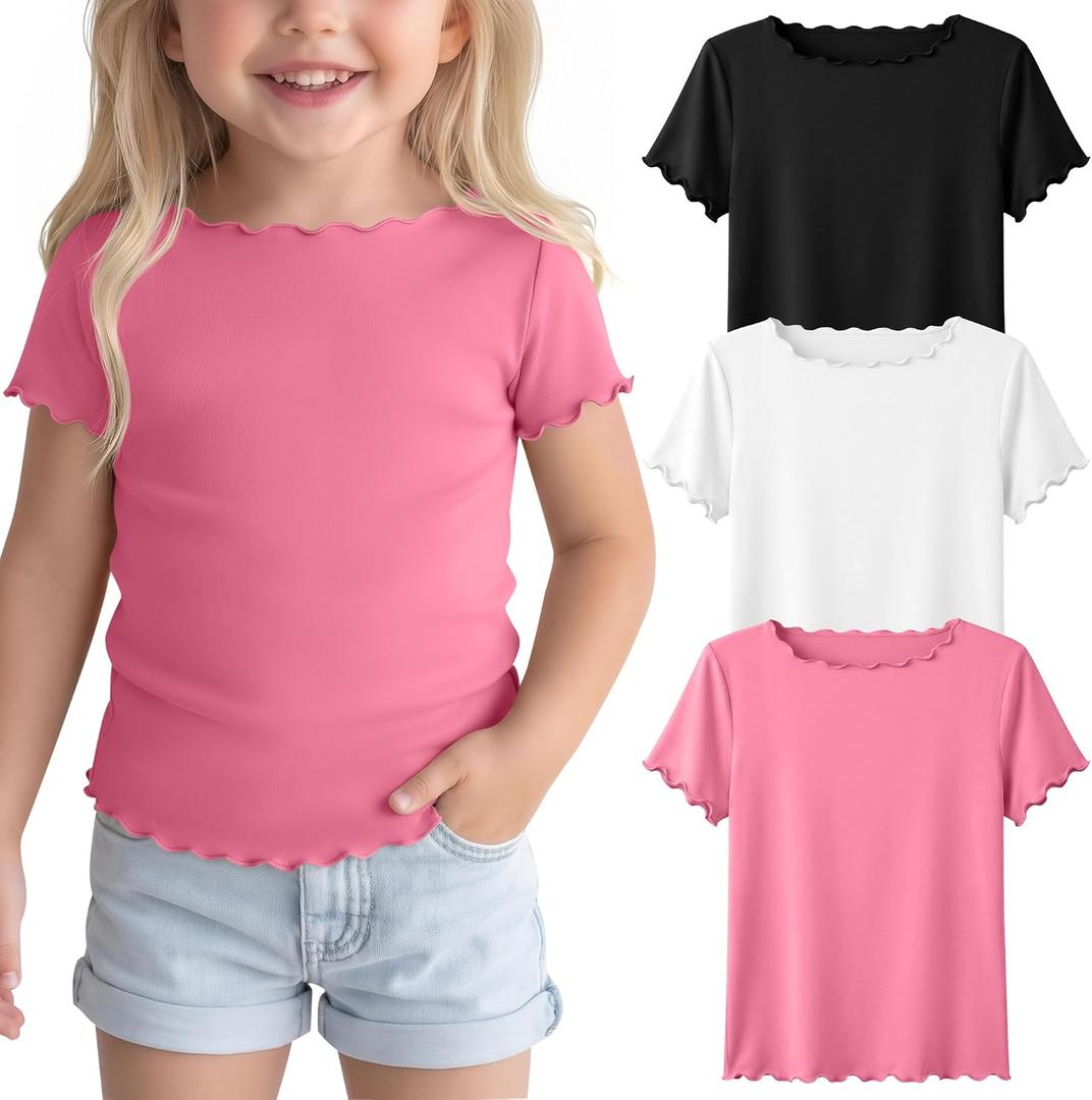 3 Pack Toddler Girls' Short Sleeve Tops | Baby, Cute, Tee, Crop, Lettuce Trim, Kids, T-shirt, Boat Neck, Blouse, Solid, Casual, Summer, Plain, Classic, Elegant