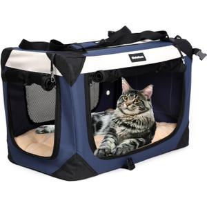 Large Cat Carrier, Collapsible Dog Travel Crate Portable Soft-Sided Pet Carrier with Super Soft Warm Plush Mat for Indoor and Outdoor 20x14x14in,Navy Blue