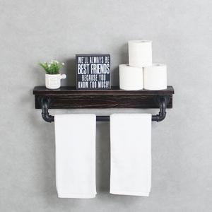 MBQQ Industrial Pipe Shelf,Rustic Wall Shelf with Towel Bar,24" Farmhouse Towel Racks for Bathroom,Floating Shelves Wall Mounted Home Decor Wooden Shelving,Retro Black, 24in