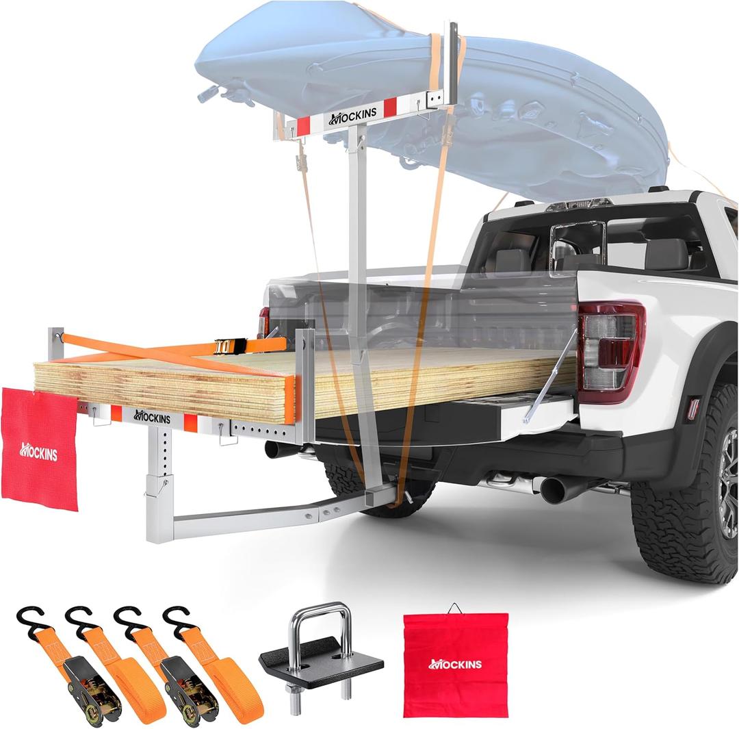 Mockins 750Lbs. Cap Truck Bed Extender Hitch Mount |2-in-1 All-Weather Steel Kayak Rack for Truck, SUV, Van w/Stabilizer & Straps| Hitch Extender Truck Rack for Kayak, Canoe, Ladder, Pipes & Lumber (Silver)