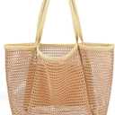 Iioscre Beach Bag for Women, Causal Hobo Pool Bags with Zipper Inner Pocket, Foldable Swim Tote Bag for Vacation Essentials (Mesh-khaki-new)