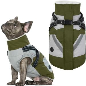 IECOii Dog Coat with Harness Built in - Green, Large - Waterproof Winter Coat, Fleece Lined Snow Jacket for Dogs (Large(Chest:24.4 in))