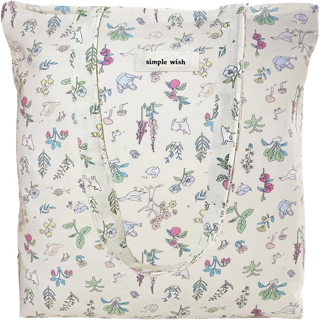 Sunwel Fashion Women Top Zipper Forest Picnic & Bunny in Bloom Cute Prints Cotton Tote Bag for Work Travel Gym Shopping Beach