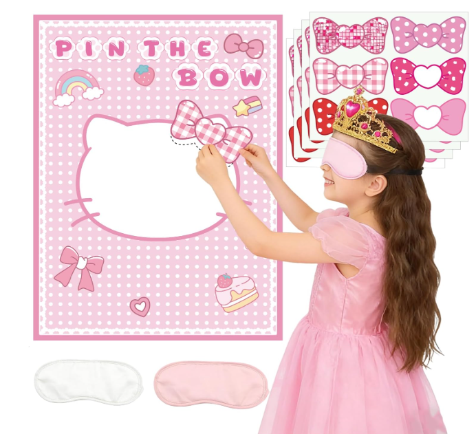 Pin The Bow on The Cat Birthday Party Game, Pink White Theme Party Supplies with 24 Stickers & Large Poster, Girls Birthday Party Favors Decorations Gifts for Teenagers