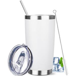 20 oz Tumbler with Lids and Straws, Stainless Steel Insulated Travel Coffee Mug, Double Wall Vacuum Insulated Tumblers, Powder Coated Coffee Tumbler for Cold & Hot Drinks (White)