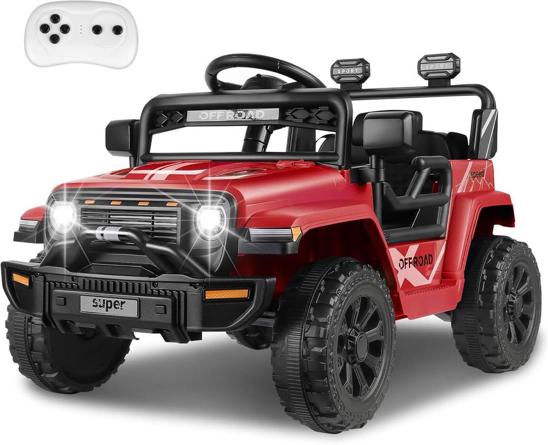 Hikole 12V Kids Ride on Car with Parent Remote Control, Electric Truck Car Toys Gift for Toddler Boys Girls Ages 3-8, Spring Suspension, Safety Belt, Music Player, 3 Gear Shift, LED Light, Red