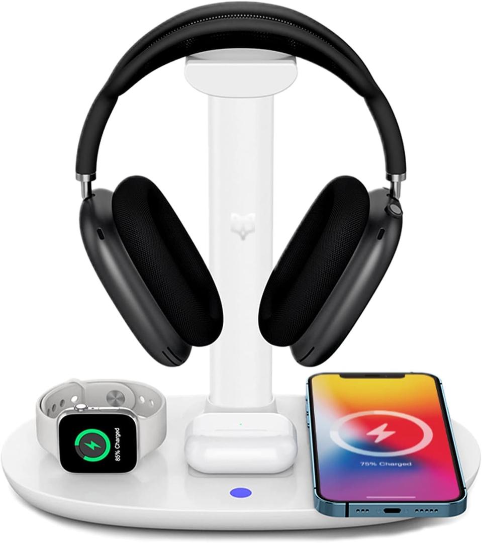 4 in 1 Wireless Charger with Headphone Stand for iPhone 17 16 15 14 13 12 Pro Max, Apple Watch 11 10 Ultra SE, AirPods Max 4 & Samsung S25-15W Gaming Desk Organizer (Adapter Not Included)(White)