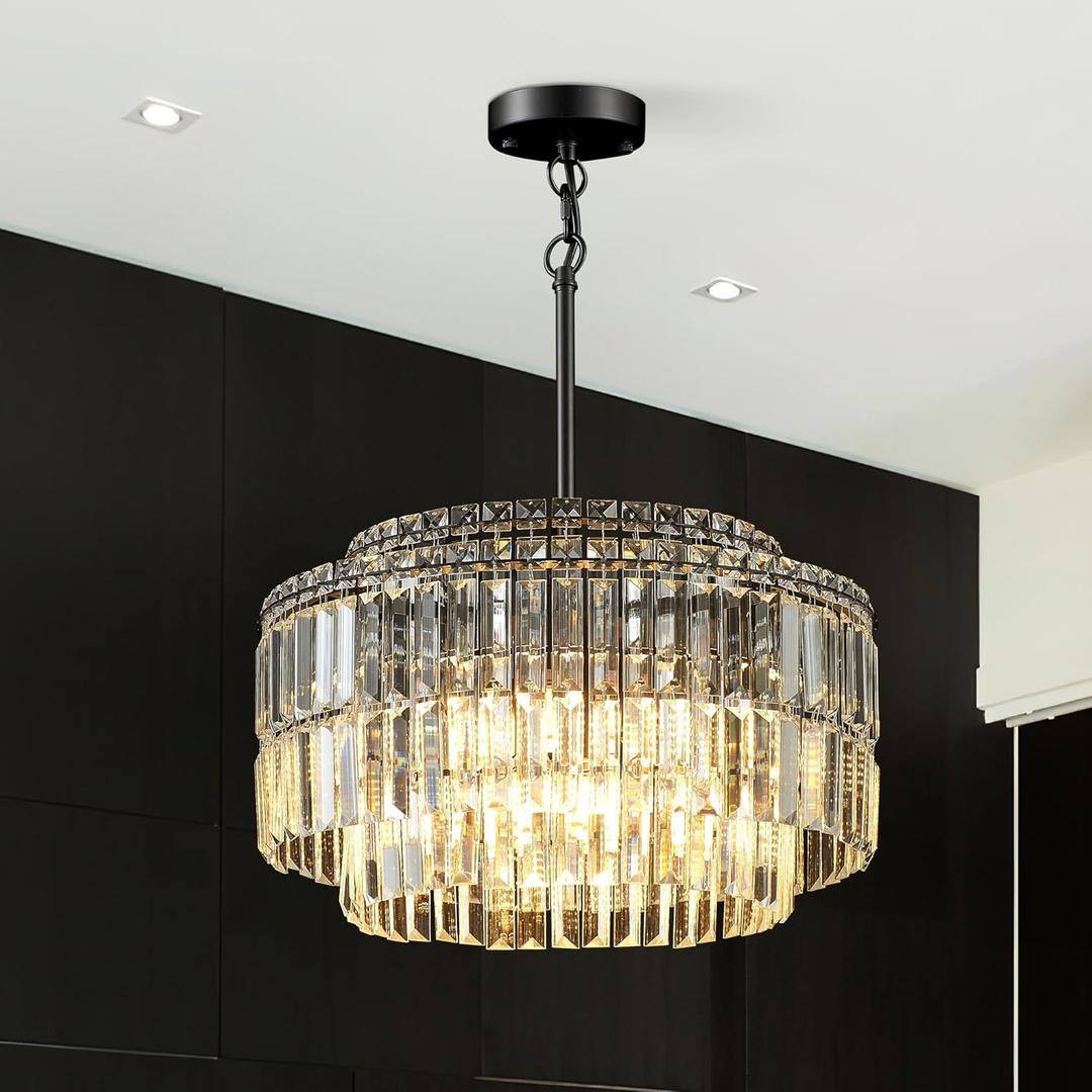 Modern 17.6 Black Crystal Chandelier Ceiling Light Fixtures for Dining Room Luxury Glam 8-Light Crystal Chandeliers Lighting for Bedroom Entryway Hallway Living Room Kitchen Island Foyer