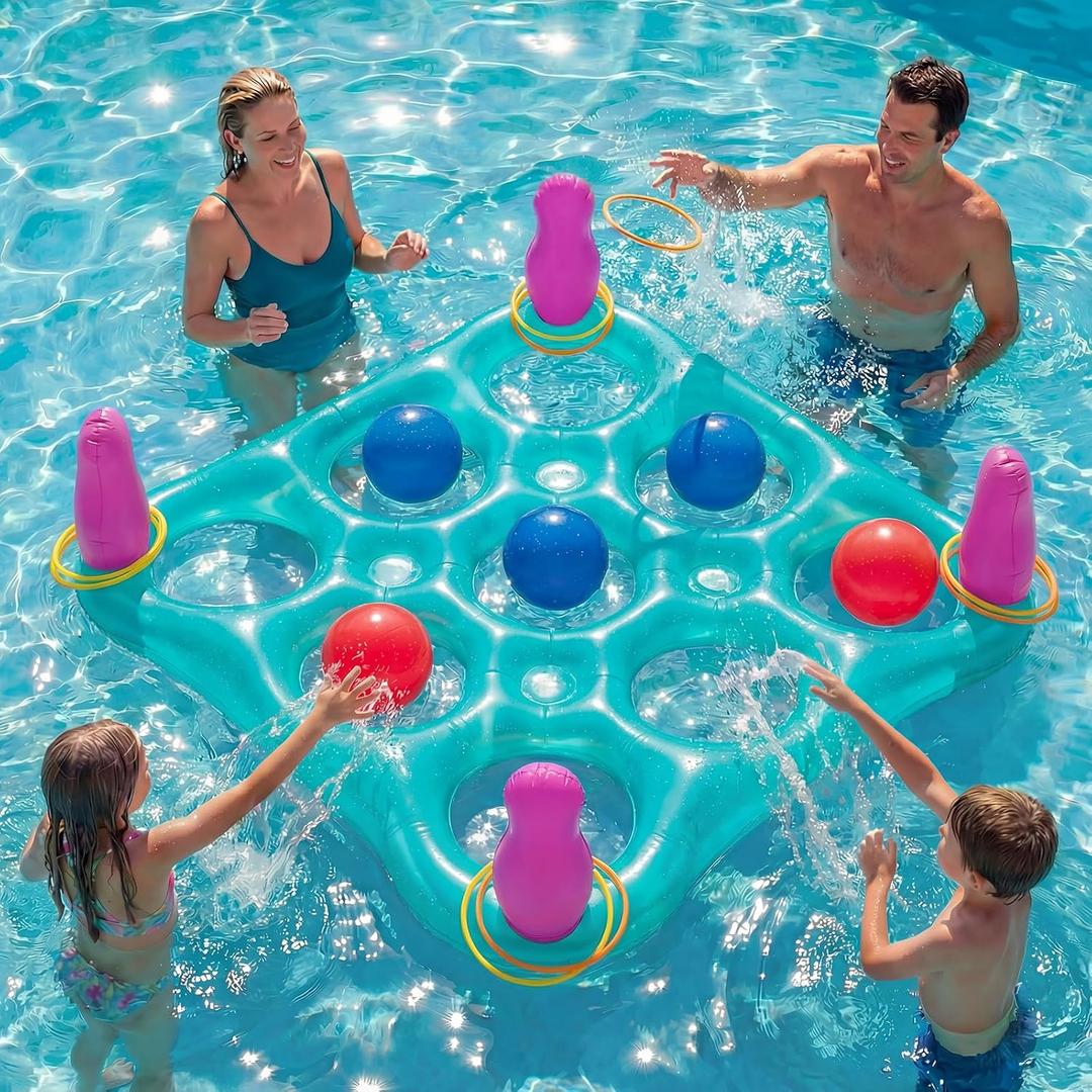 ECHTPower 2-in-1 Giant Tic Tac Toe Game & Cross Ring Toss Games - Pool Toys Games Set, Inflatable Outdoor Yard Games for Kids Adults Family, with 10 Balls for Adults Teens Kids 2-10 Players