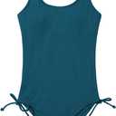 Patgoal Girls One Piece Swimsuits Ribbed Bathing Suit Teen Girls Adjustable Straps Drawstring Athletic Swimwear Swim Suit (11-12 Years, Navy Blue)