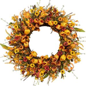 22 Inch Fall Wreath Artificial Autumn Wreaths for Front Door Orange Tulip Wreath with Forsythia Daisy and Berries for Indoor Outdoor Harvest Thanksgiving Holiday Celebration (Multicolor-1)