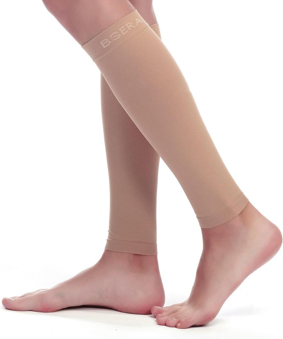 BSERA Calf Compression Sleeve Women, 2 Pairs 20-30mmHg Footless Compression Socks for Swelling Shin Splints Varicose Veins (Small (4 Count), Nude/Beige)