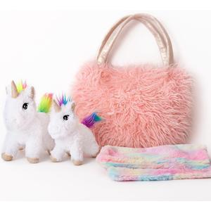 Perfectto Design Unicorn Toy for Girls Age 3-10; 4 PCS Set - Mommy and Baby Stuffed Animals, Bag and a Doll Blanket. Unicorn Gift for 3-8 Year Old Birthdays and Christmas
