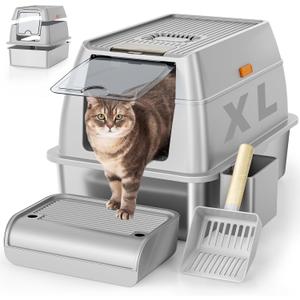 Stainless Steel Cat Litter Box with Lid, XL Extra Large Litter Box for Big Cats, Enclosed Removable Metal Litter Boxs with High Sided Enclosure & Scoop, Anti-Leakage, Non-Sticky, Easy Cleaning(Grey)