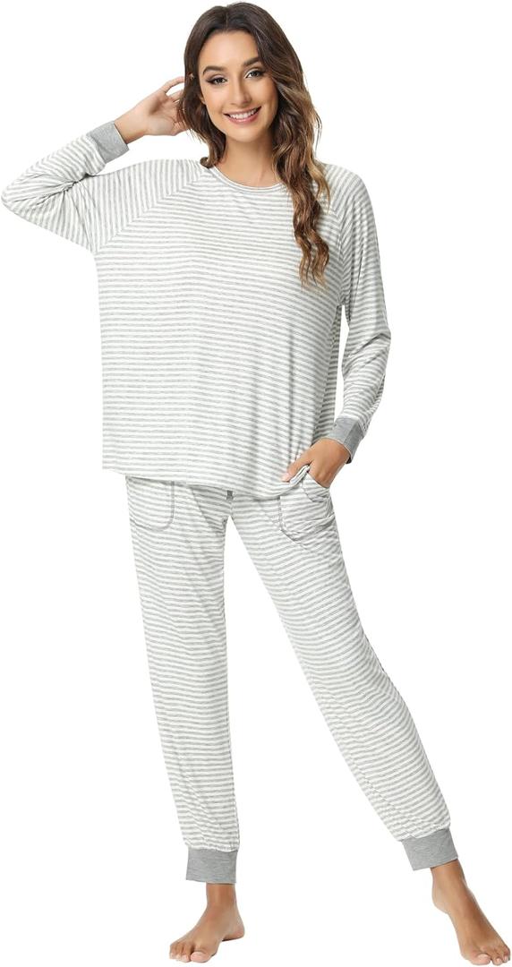 NACHILA Pajamas for Women Long Sleeve Sleepwear Comfy Pants Pajama Set Pleated Pjs with Pocket,Viscose Made from Bamboo, XL