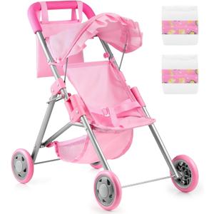 GAGAKU Baby Doll Stroller for Toddlers, Foldable Toy Stroller with Storage Basket and Bag, Diapers - Reborn Doll Accessories for Girls & Kids Ages 3+, Pink