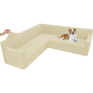 Arfntevss Stretch Sectional Couch Covers L Shaped Corner Sectional Sofa Cover Washable Jacquard Soft Fleece U Shape Sofa Slipcovers Anti Slip Furniture Protector for Dogs Pets (X-Large, Beige)